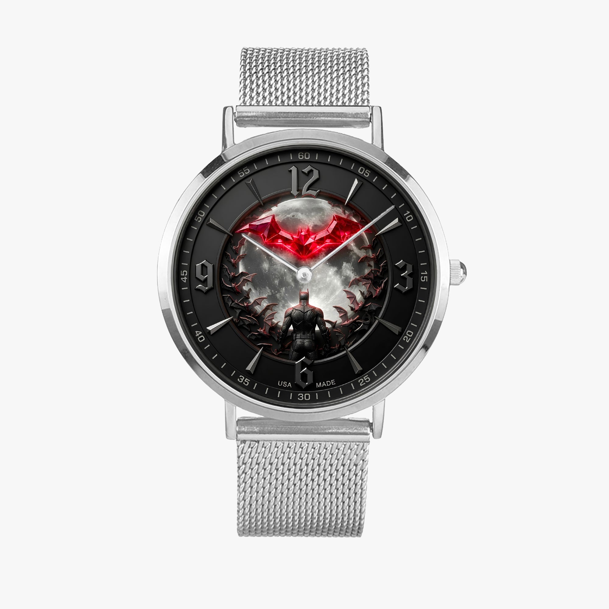 A silver stainless steel wristwatch with a mesh strap and a round black dial featuring a red bat logo and a dark fantasy character illustration.