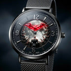 A close-up of a black metal mesh-strand watch with a round silver-tone case and a highly detailed, gothic-themed dial featuring Batman and a red bat emblem against a dark, moody background.