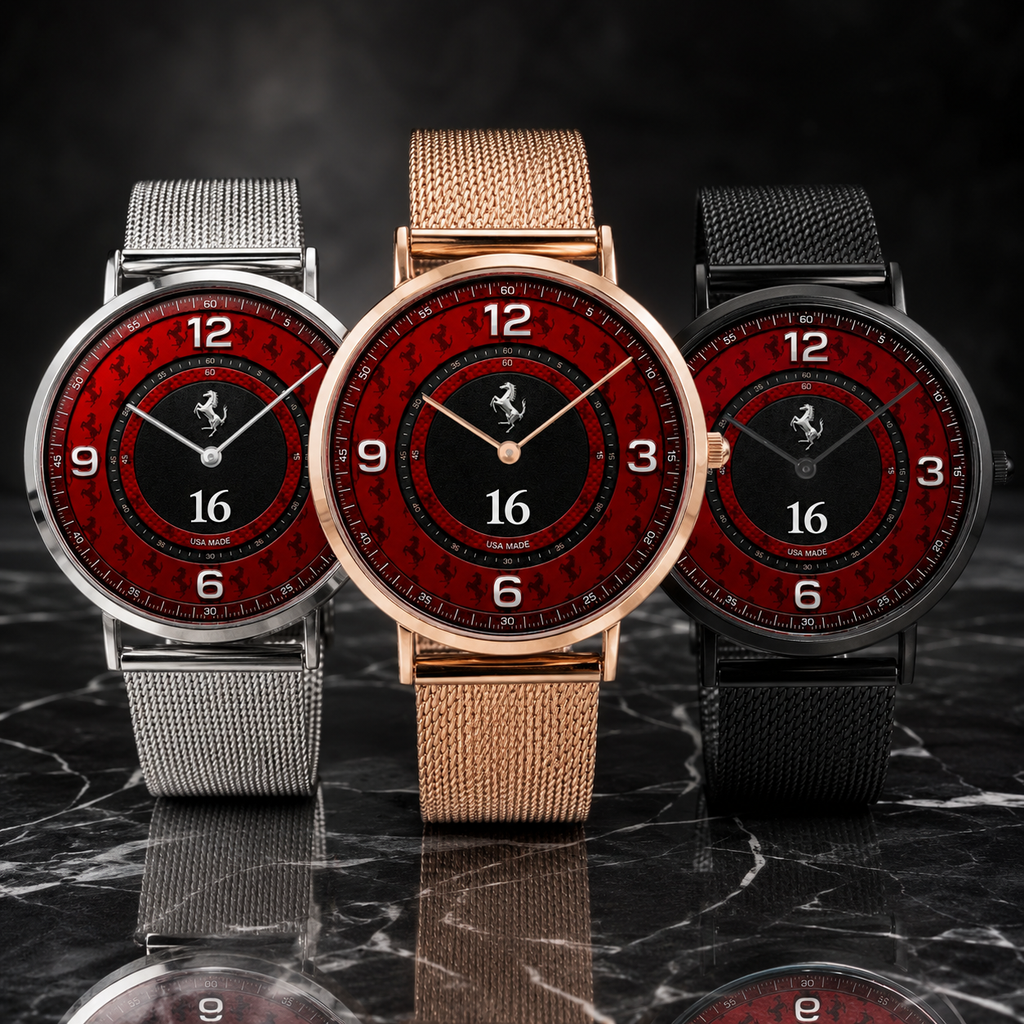 Three Ferrari-themed analog wristwatches with red dial faces and black numerals, displayed side by side on a dark marble surface. The center watch has a rose gold mesh strap, while the left and right watches have silver and black mesh straps respectively.