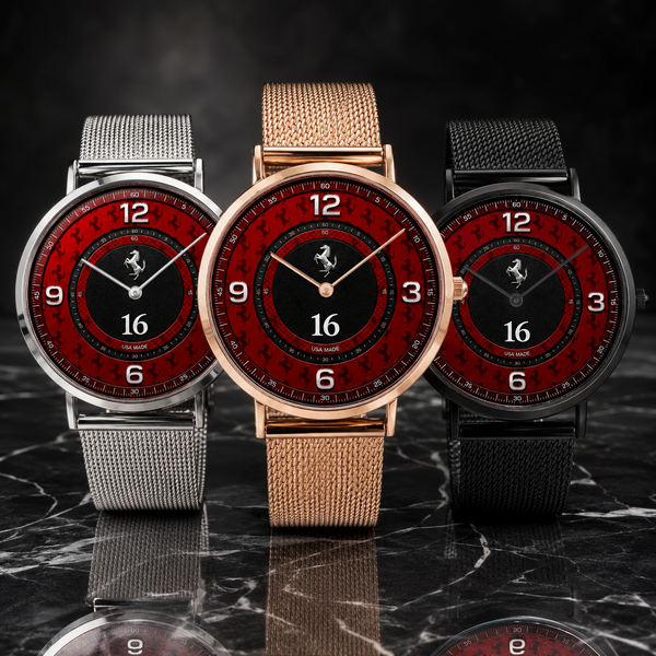 Three Italian motorsport-themed Joventra wristwatches with red dial faces and black numerals, displayed side by side on a dark marble surface. The center watch has a rose gold mesh strap, while the left and right watches have silver and black mesh straps respectively.