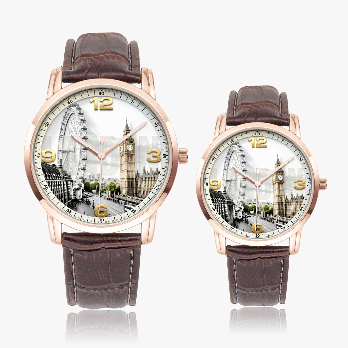 Two matching wristwatches with rose gold-toned cases, brown leather straps, and London-themed dial faces featuring Big Ben, London Eye, and street scenes, shown on a light gray background.