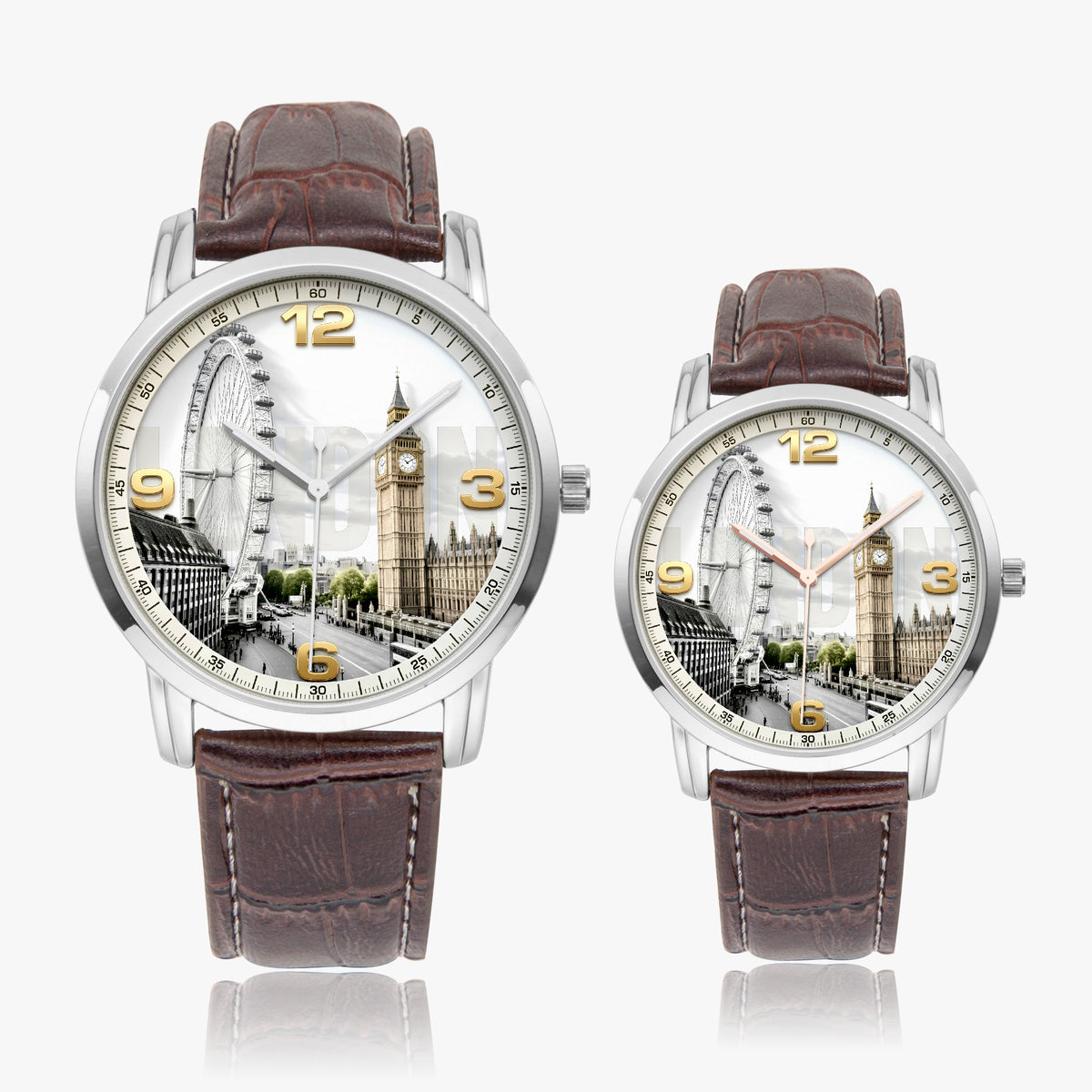Two matching wristwatches with brown leather straps and silver-toned cases, featuring a London cityscape print on the dials with gold-tone numerals.