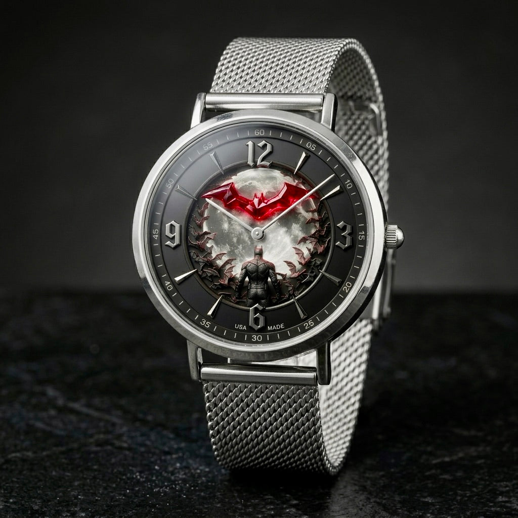 A silver-tone metal mesh strap watch with a round black dial featuring a red bat logo and a dark illustrated center, photographed on a dark studio background.