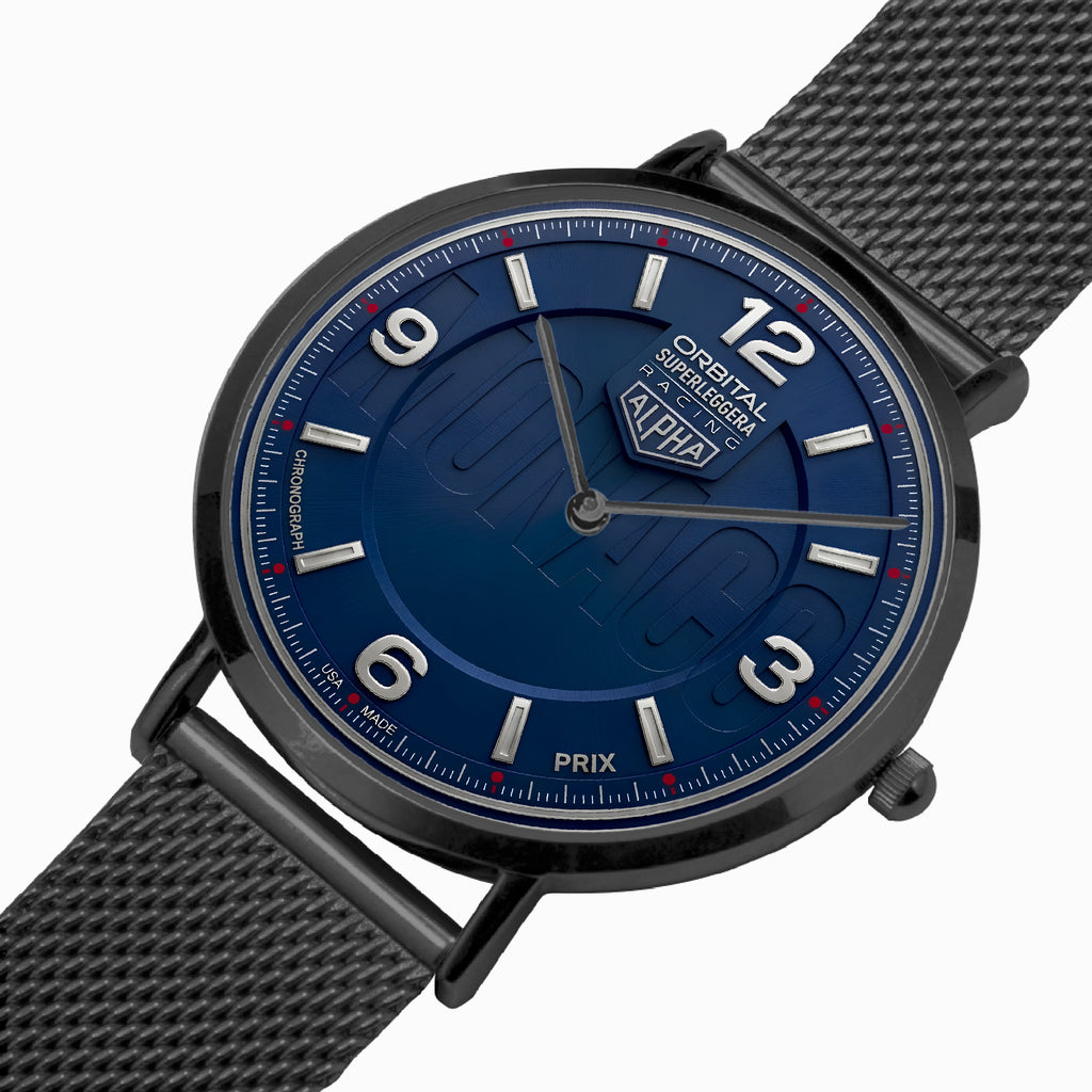 Analog wristwatch with a textured dark blue dial, black case, and a black mesh strap, shown on a clean white background.
