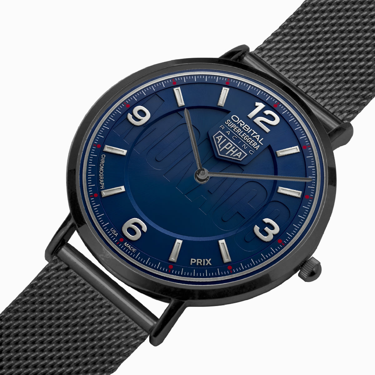 Analog wristwatch with a textured dark blue dial, black case, and a black mesh strap, shown on a clean white background.