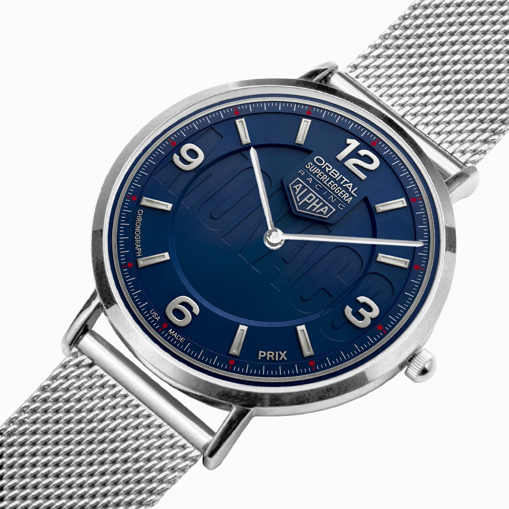 A close-up studio shot of a ALPHA Orbital PRIX stainless steel watch with a textured blue dial and a silver mesh strap on a white background.