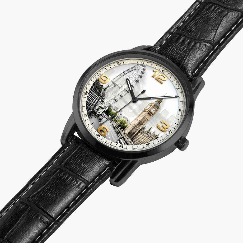 A wristwatch with a black leather strap, a black case, and a white dial featuring a London-themed architectural collage with gold-colored numerals.