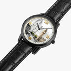 A wristwatch with a black leather strap, a black case, and a white dial featuring a London-themed architectural collage with gold-colored numerals.