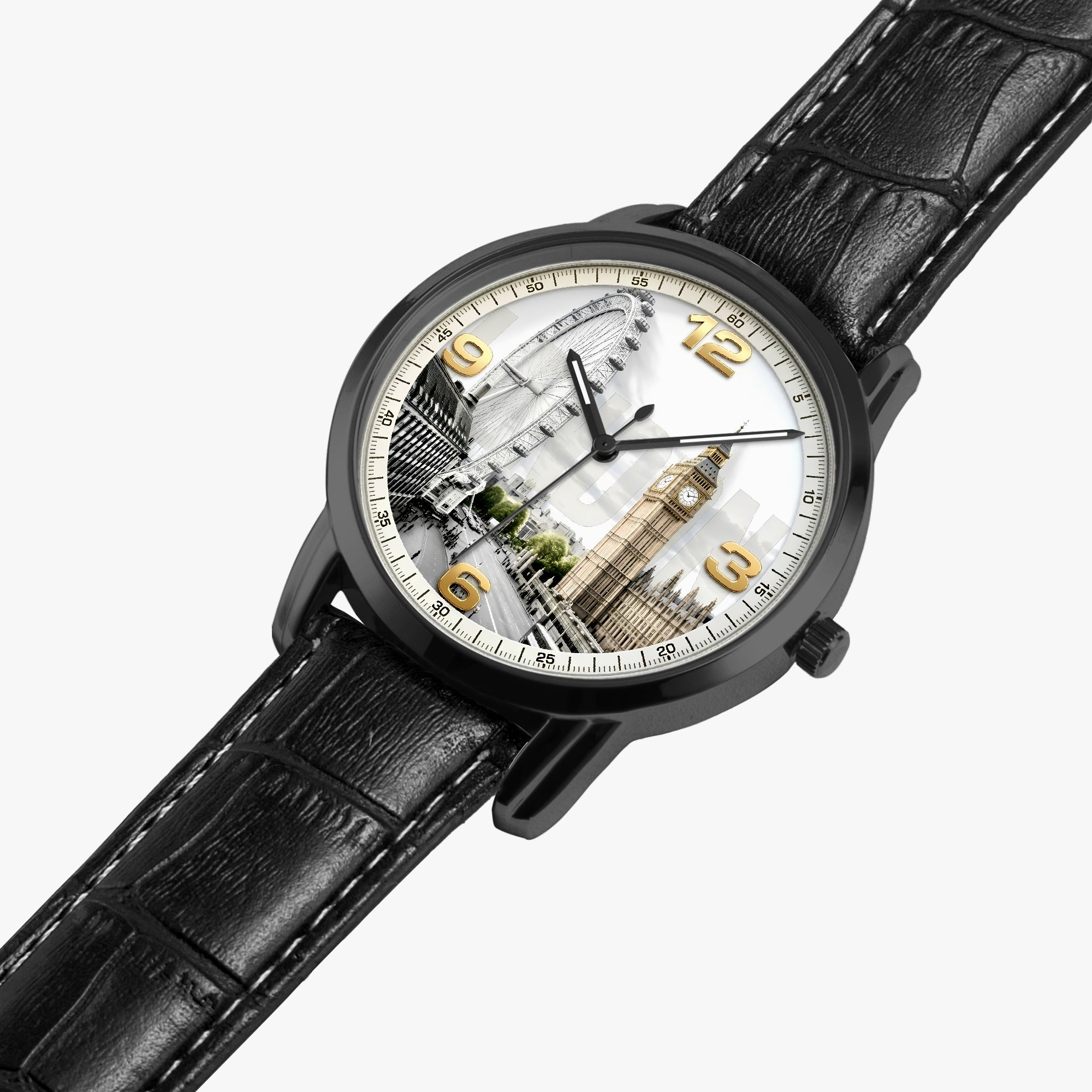 A wristwatch with a black leather strap, a black case, and a white dial featuring a London-themed architectural collage with gold-colored numerals.