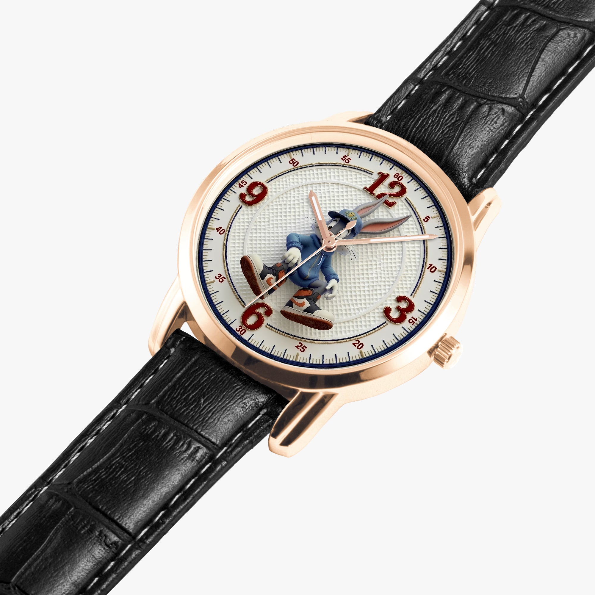 A wristwatch with a round rose-gold case, a white dial featuring a cartoon rabbit, and a black textured leather strap, shown against a light grey background.