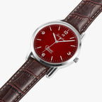 Joventra Classic Crimson Red watch — detail view of textured dial and leather strap