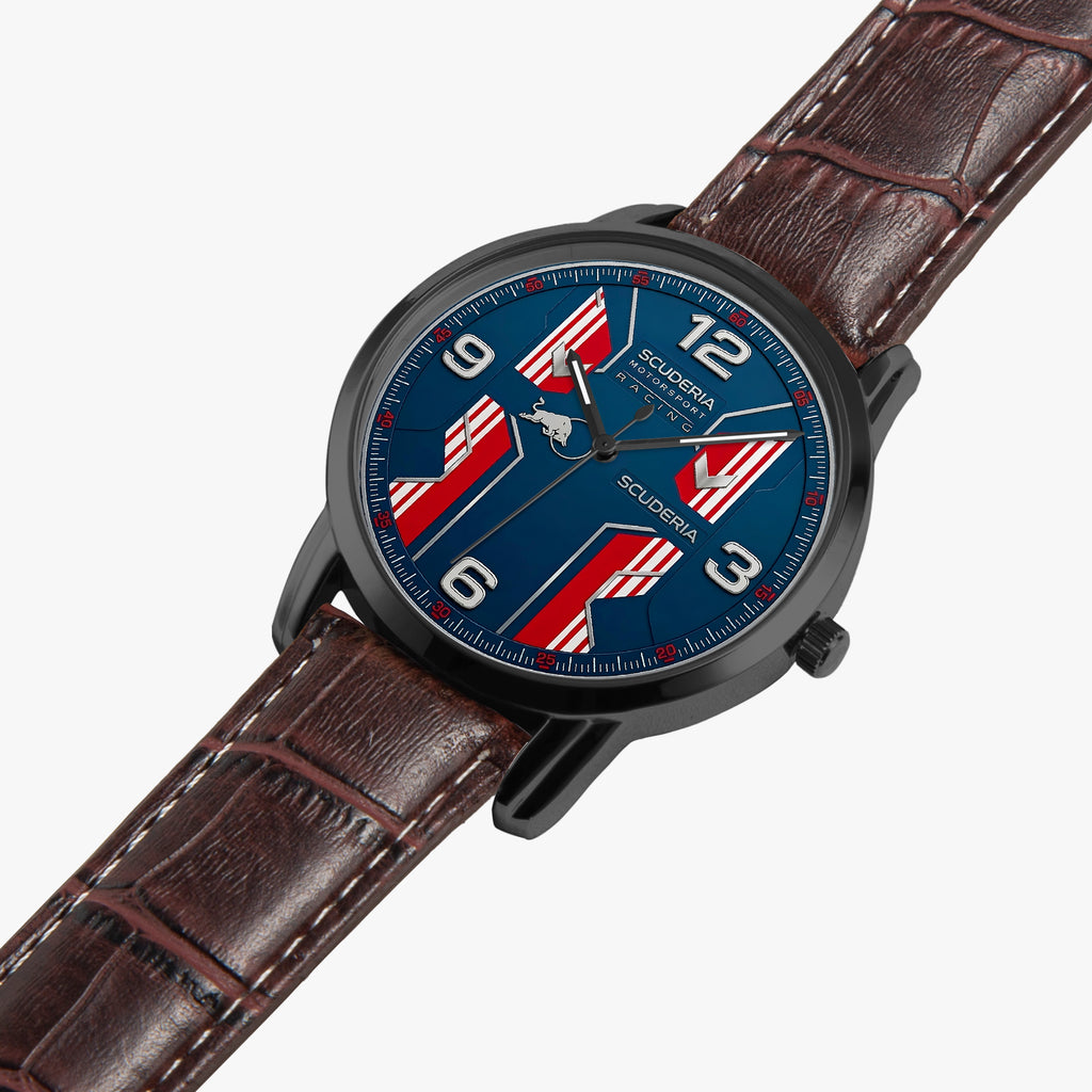 A close-up of a wristwatch with a dark brown textured leather strap, a black case, and a blue dial decorated with red and white American flag patterns. The brand name 'SICURIA' is visible on the dial.