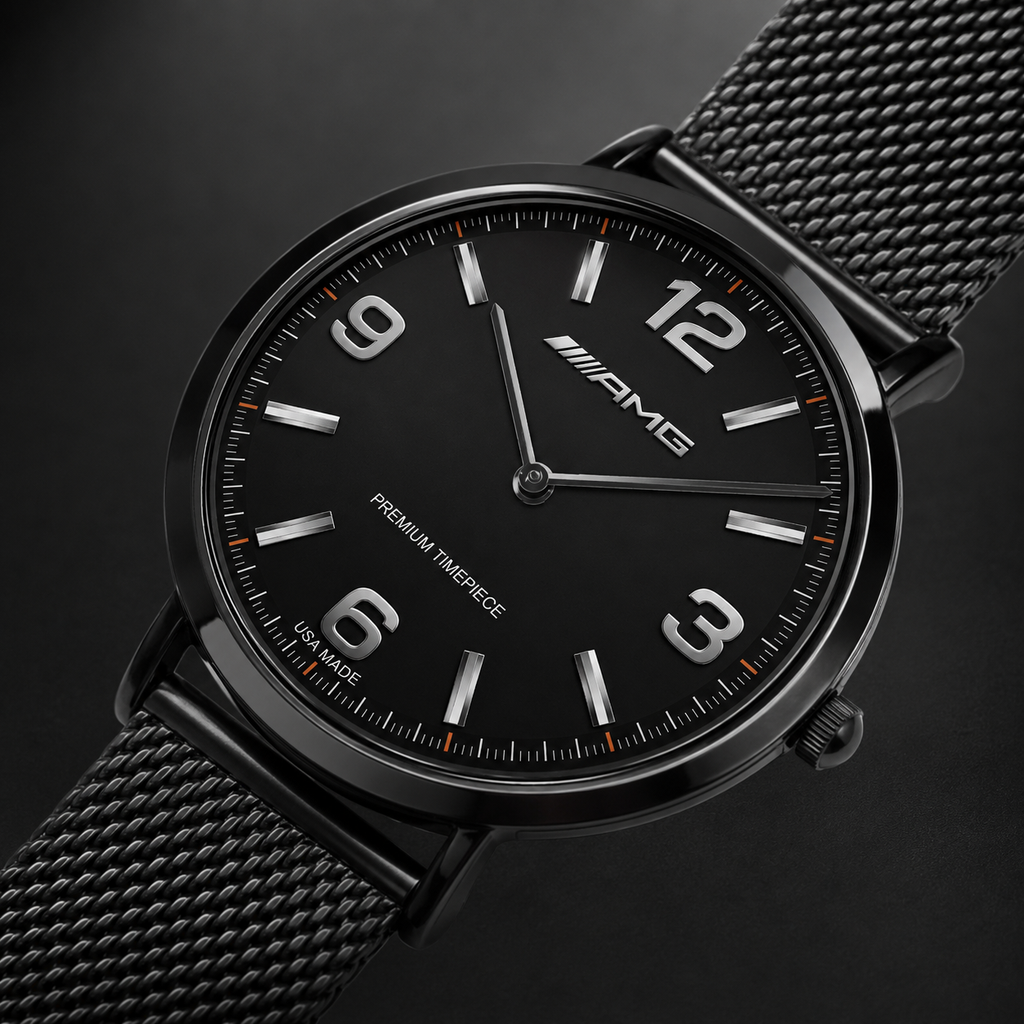 A close-up studio shot of a black Mercedes-AMG wristwatch with a black mesh metal band, featuring silver-tone numerals and hands with subtle orange accents on the dial.