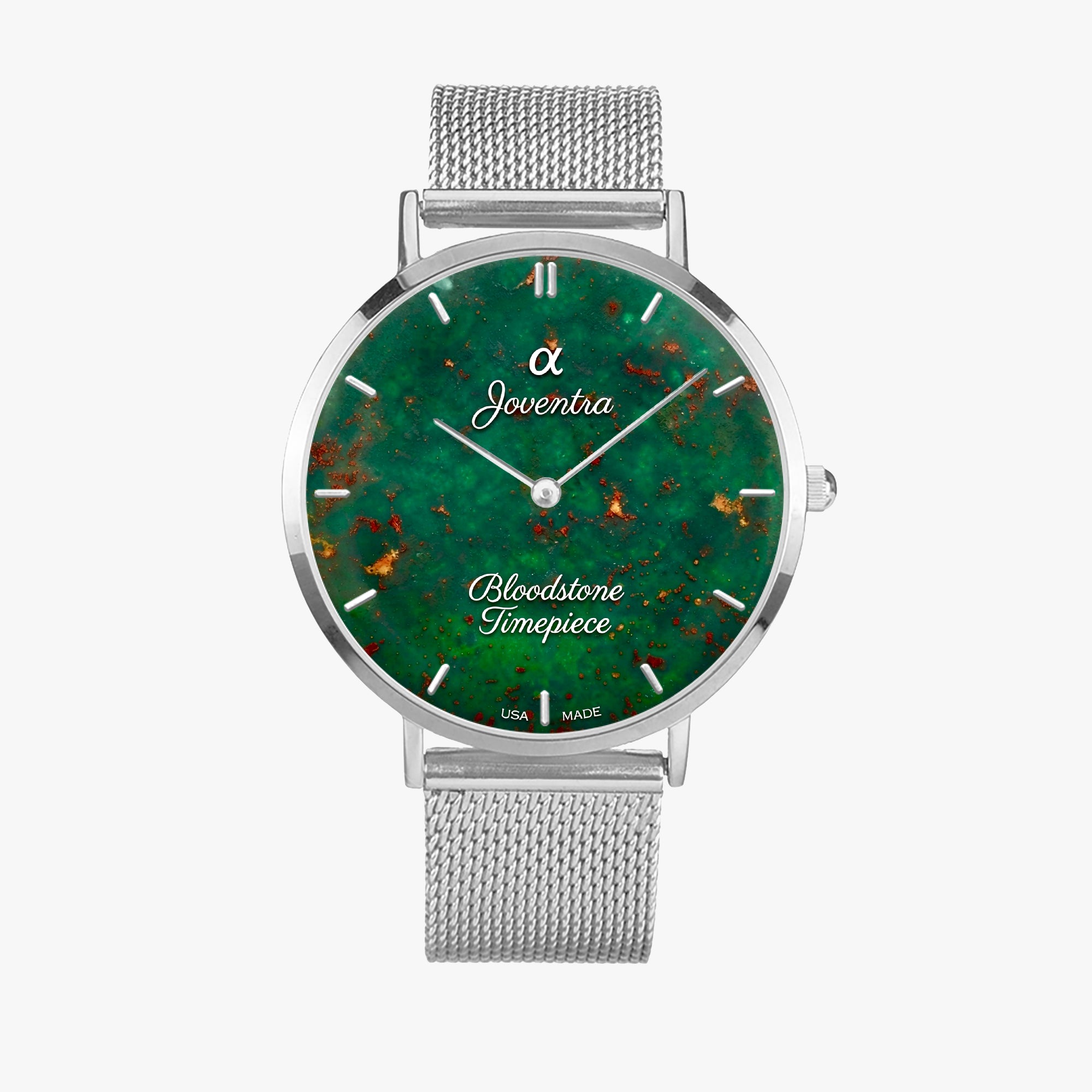 A Joventra Bloodstone Impiece wristwatch featuring a round silver-tone case, a green malachite-pattern dial with red and orange inclusions, and a silver mesh strap, shown against a light gray background.