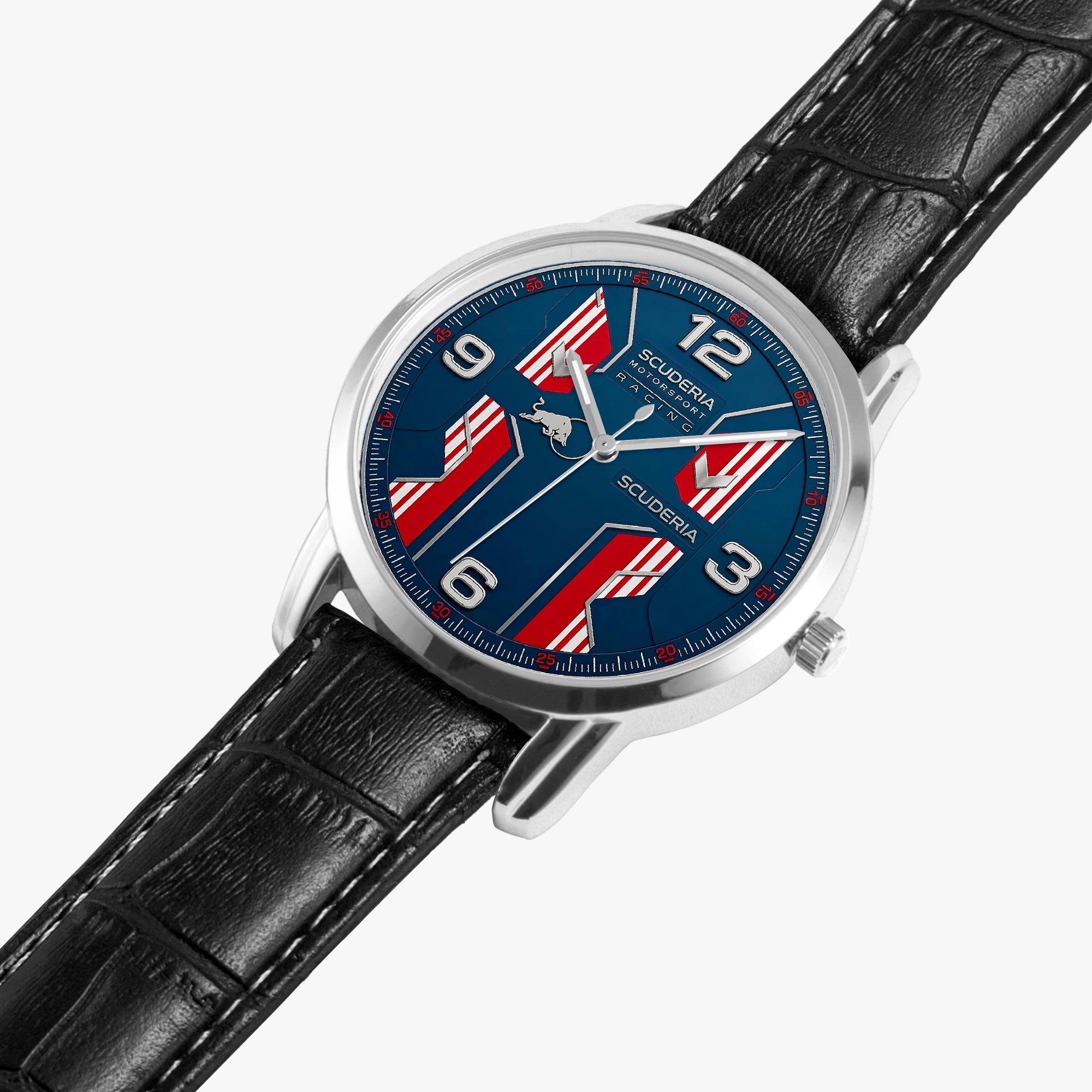 A close-up of a Sculabora watch with a blue dial featuring red and white flag-like graphics, silver-tone case, and a black leather strap on a light gray background.