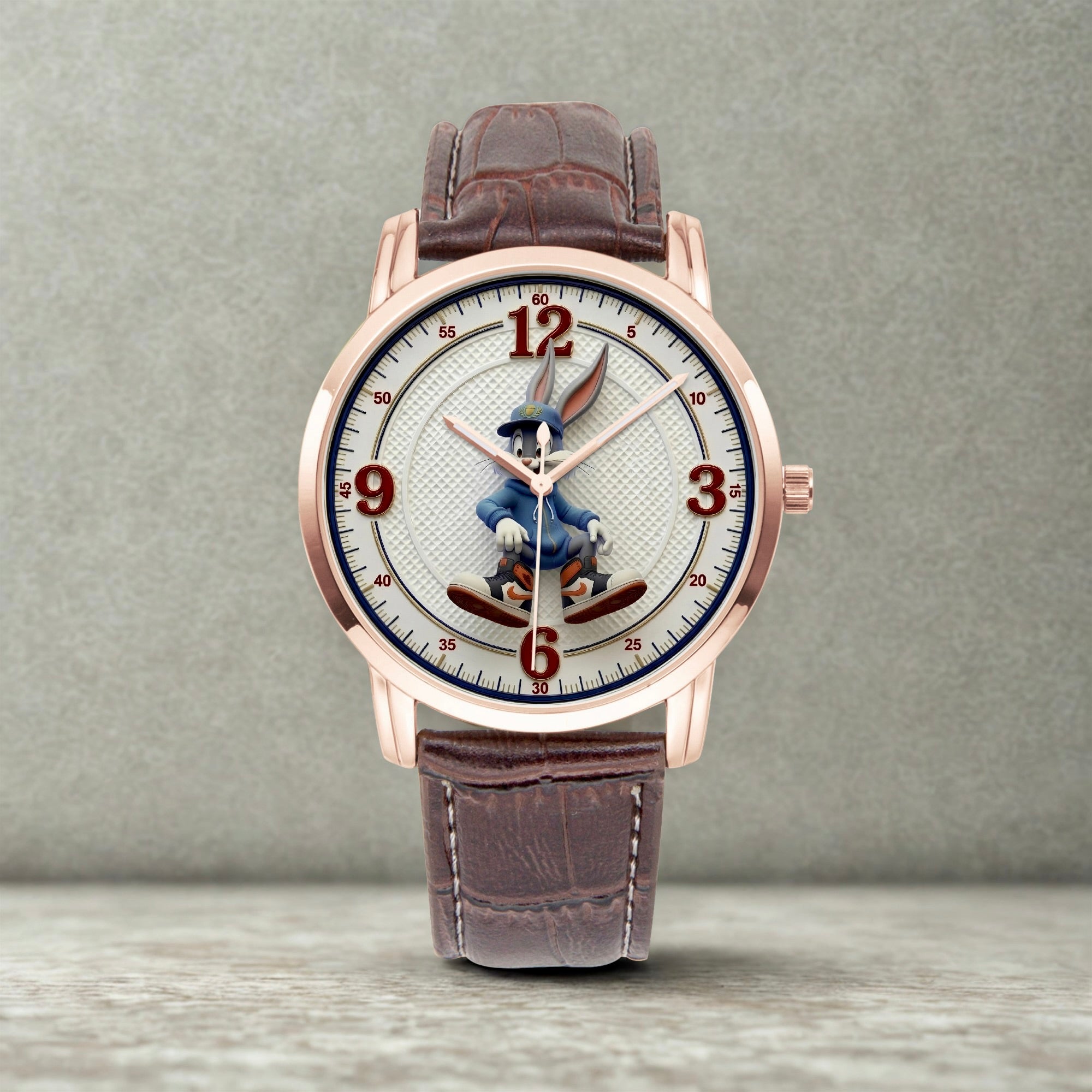 Joventra Bugs Bunny inspired streetwear rabbit watch in rose gold case with brown leather strap.