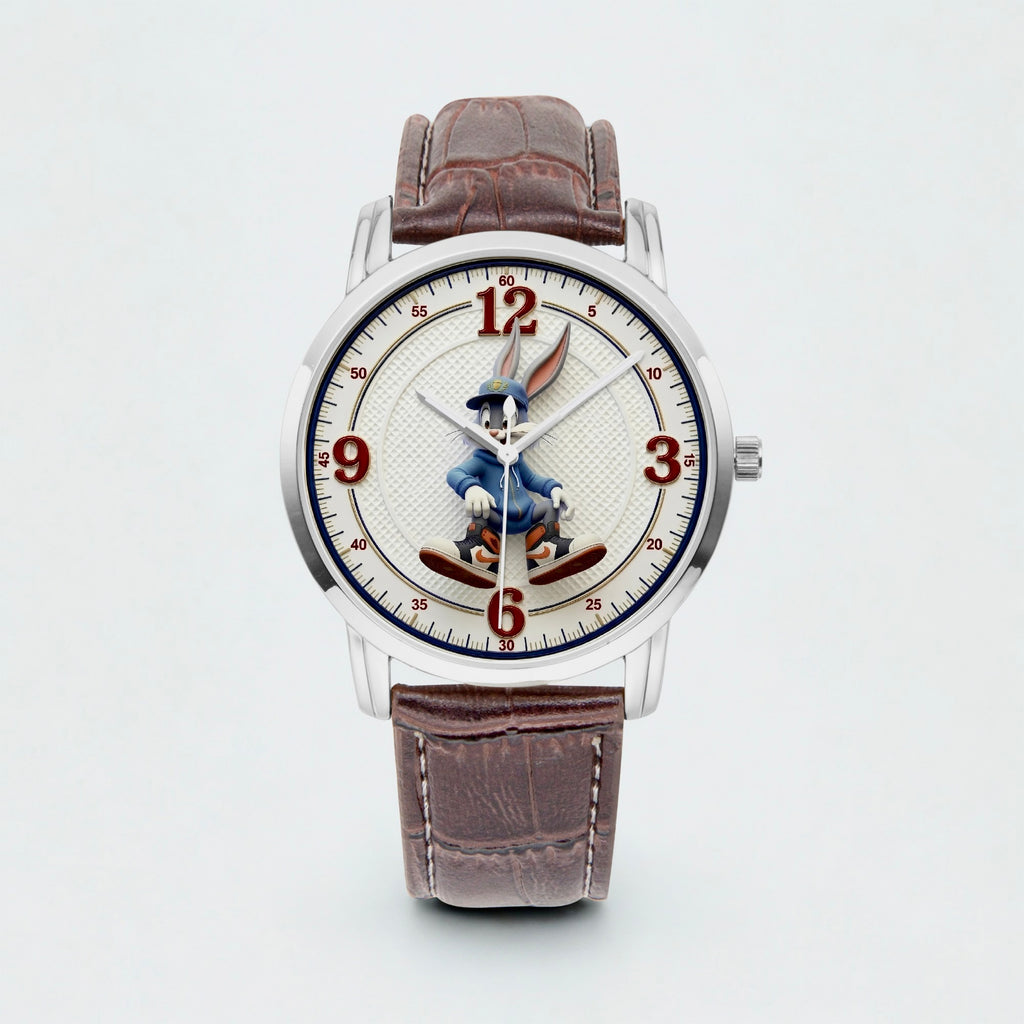 A wristwatch with a brown leather strap, a silver-toned case, and a white dial featuring a cartoon rabbit character in a blue outfit at the center. The dial also has red Arabic numerals for 12 and 3, and black numerals for 9 and 6.