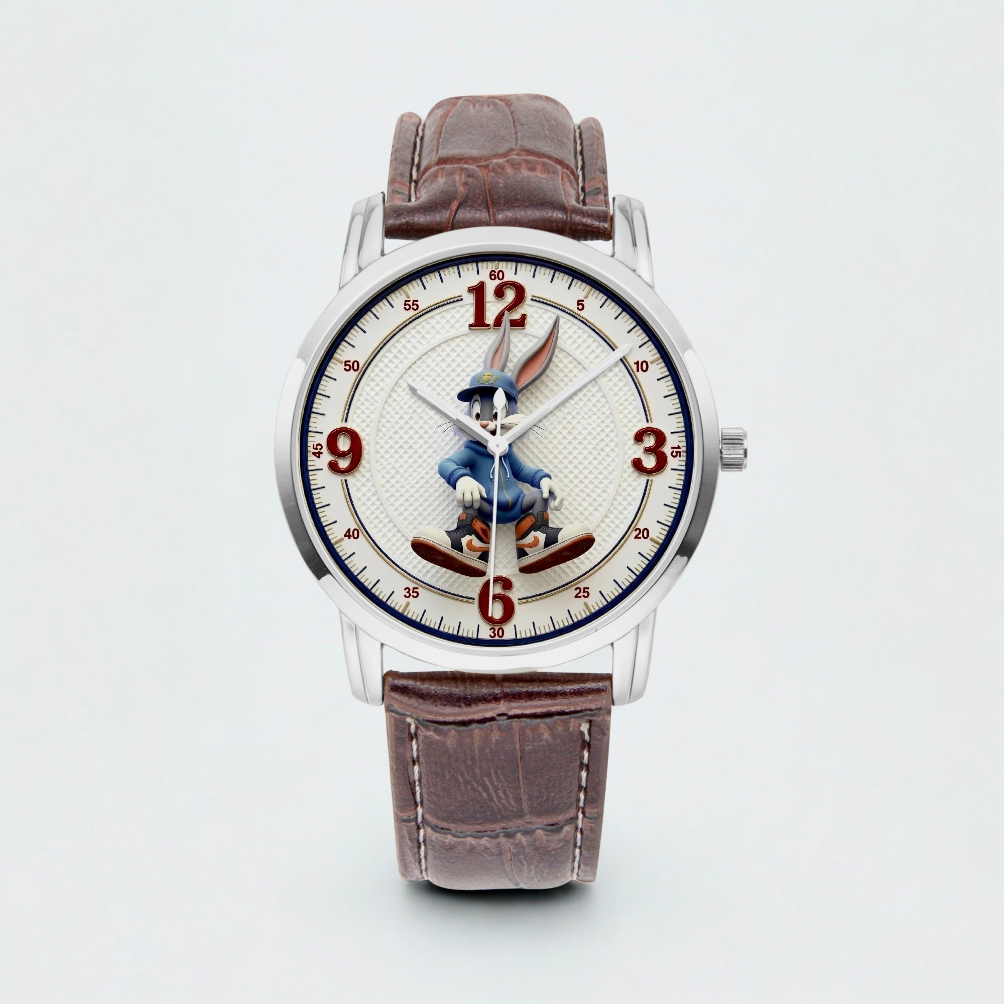 A wristwatch with a brown leather strap, a silver-toned case, and a white dial featuring a cartoon rabbit character in a blue outfit at the center. The dial also has red Arabic numerals for 12 and 3, and black numerals for 9 and 6.