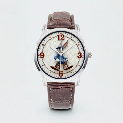 A wristwatch with a brown leather strap, a silver-toned case, and a white dial featuring a cartoon rabbit character in a blue outfit at the center. The dial also has red Arabic numerals for 12 and 3, and black numerals for 9 and 6.