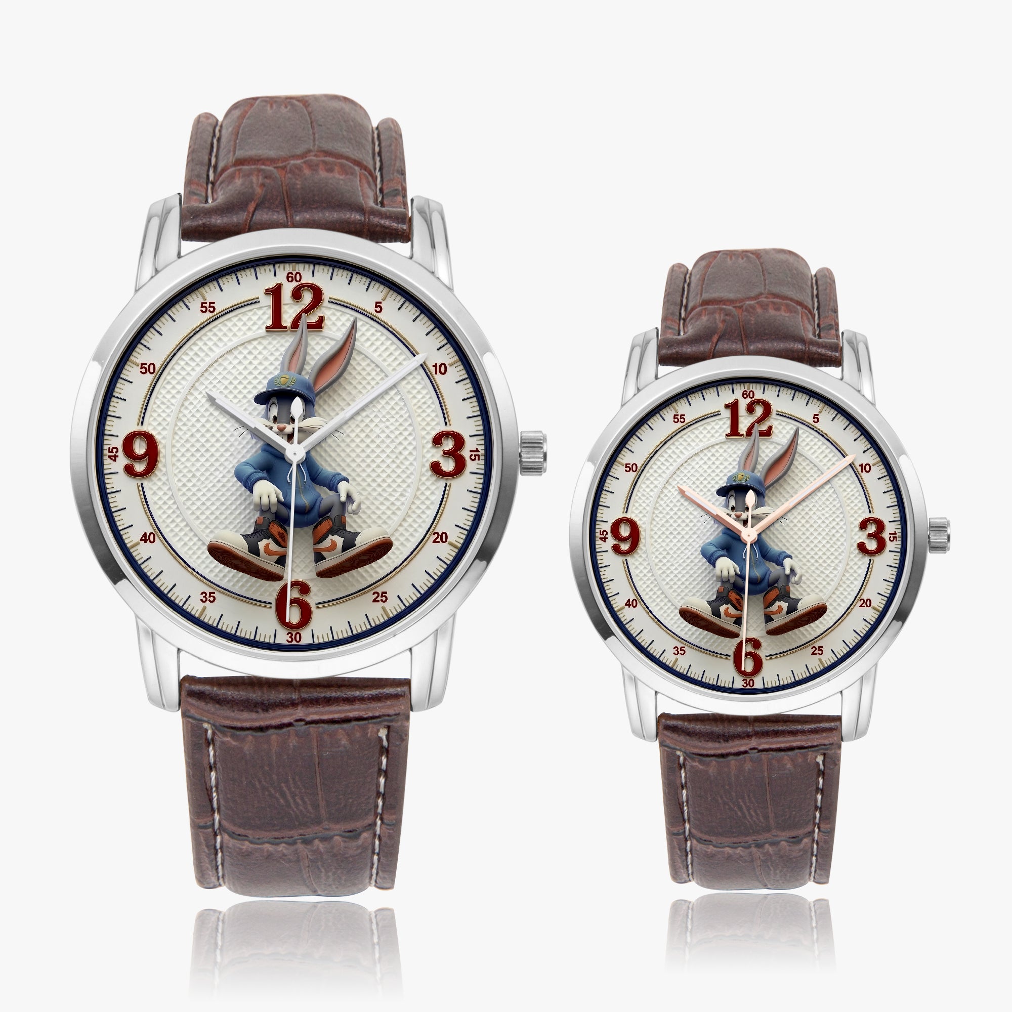 Two matching wristwatches with brown leather straps and silver-tone cases, featuring a cartoon rabbit character on the white dials and red Arabic numerals, shown on a light gray background.