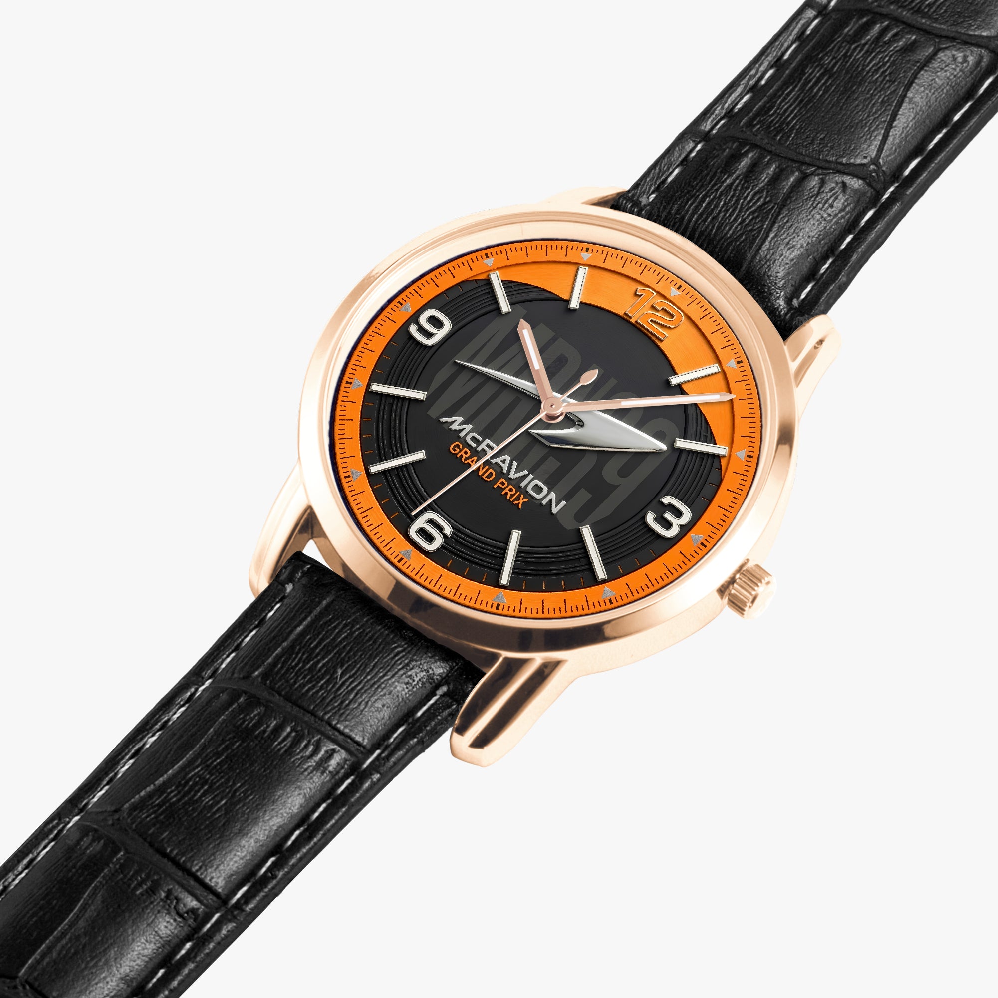 A wristwatch with a black alligator-texture strap, a black dial with a bright orange inner ring, and a rose gold-toned case. The brand name 'ACERAVION' is visible on the dial.
