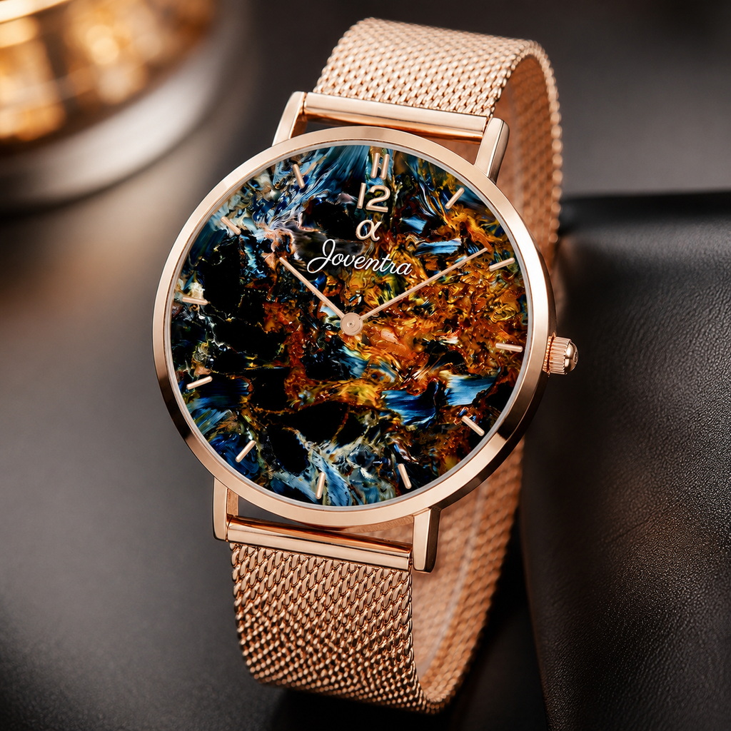 A close-up of a women's analog watch with a rose gold mesh strap and a colorful, abstract mineral-like dial featuring blue, gold, and black tones. The brand name 'Joventia' is visible on the dial.