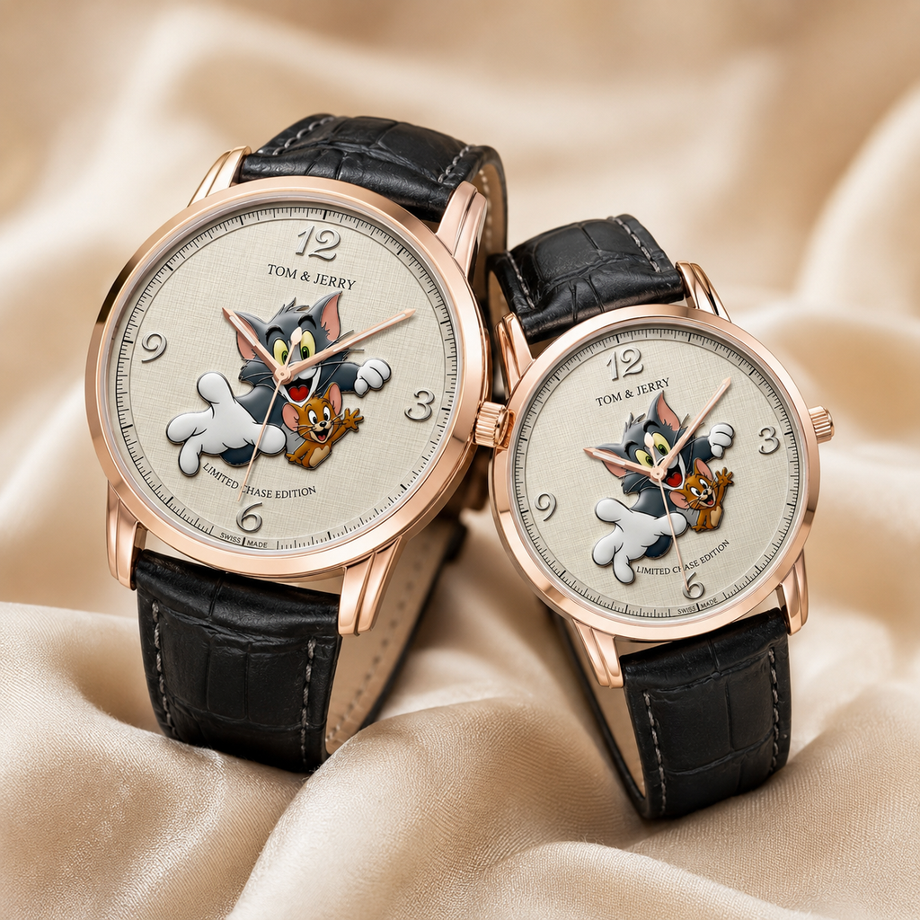 Two Tom and Jerry themed wristwatches with rose gold cases, black leather straps, and cream-colored dials featuring cartoon Tom and Jerry graphics, displayed on a beige satin fabric background.