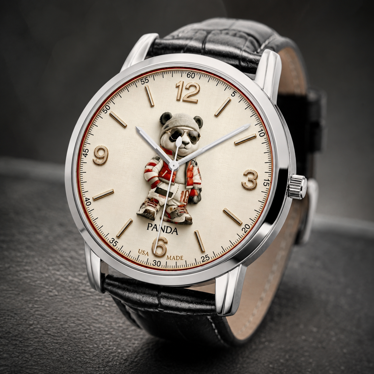 Joventra cool panda watch in rose gold stainless steel case with brown alligator-embossed leather strap.