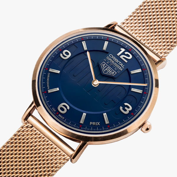 A close-up of an Orbital watch featuring a deep blue dial, gold-tone case, and a matching gold-tone mesh strap on a light gray background.