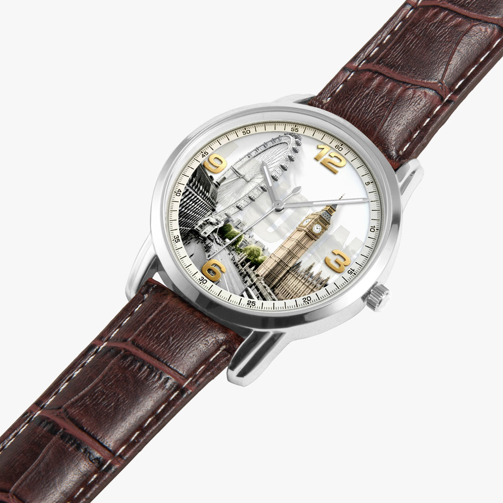 A wristwatch with a brown textured leather strap and a silver-toned case. The round dial features a London-themed illustration with Big Ben and other landmarks, accented by gold Arabic numeral hour markers.