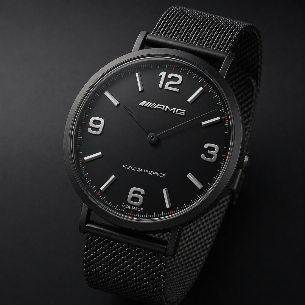 A black AMG analog wristwatch with a black mesh strap, black dial, and silver-tone numerals, shown on a dark background.