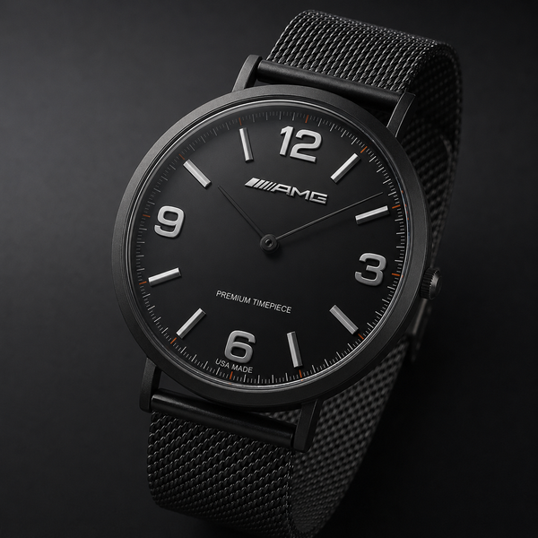 A black AMG analog wristwatch with a black mesh strap, black dial, and silver-tone numerals, shown on a dark background.