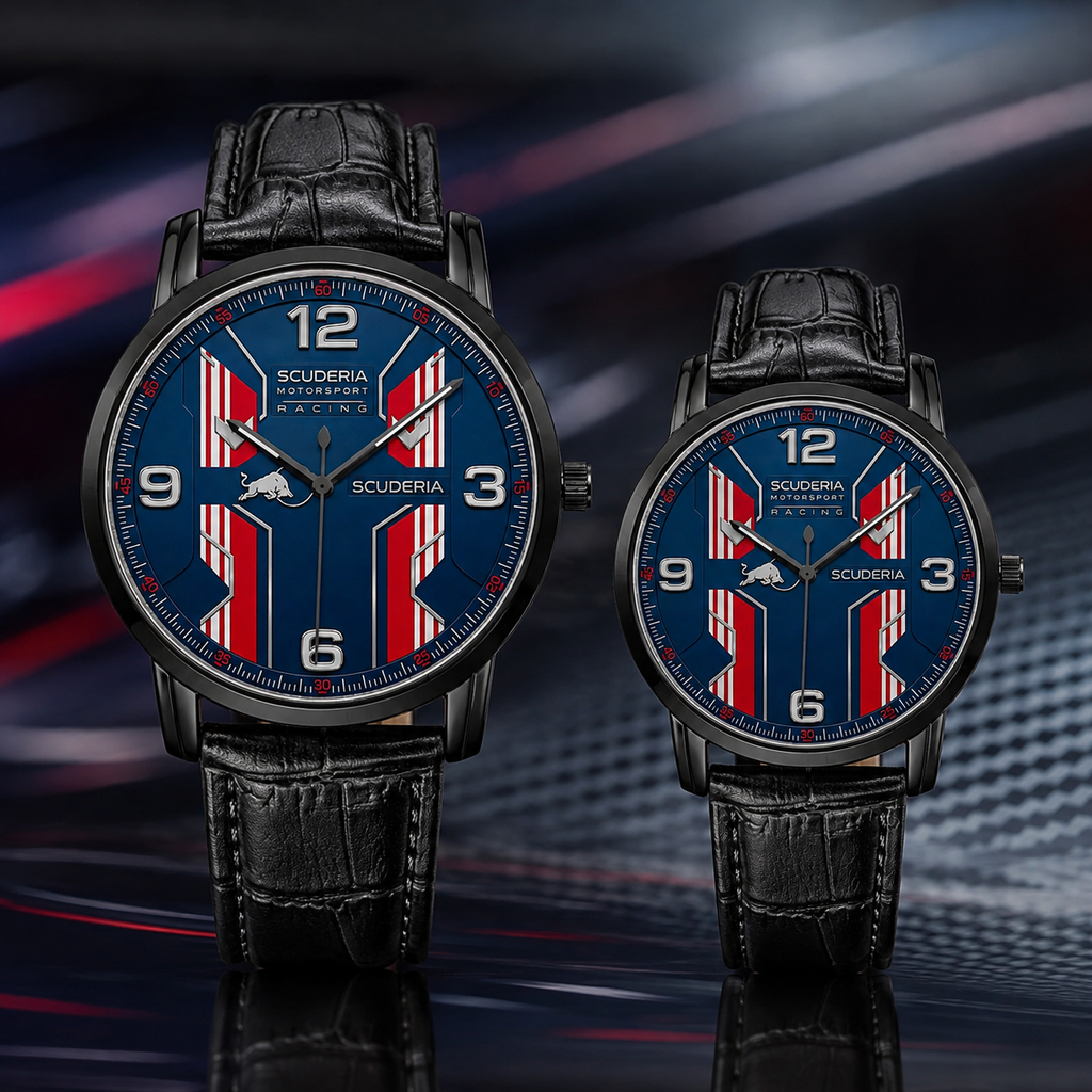 Two Scuderia Ferrari wristwatches with black leather straps and blue, red, and white dial designs, shown on a dark reflective background.