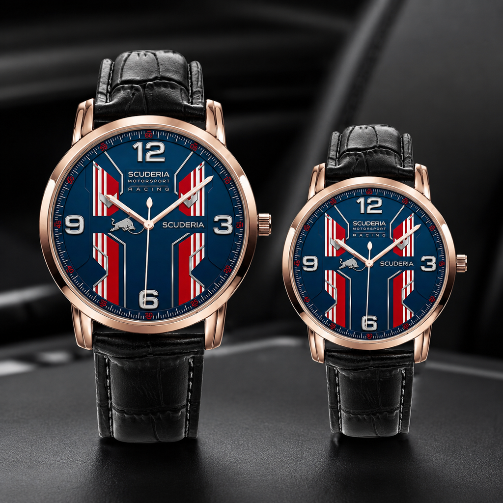 Two Scuderia Ferrari watch models displayed side by side. The larger watch on the left and the smaller watch on the right both feature rose gold-toned cases, black leather straps, and blue dials decorated with red and white Ferrari flag stripes and the Scuderia Ferrari logo.