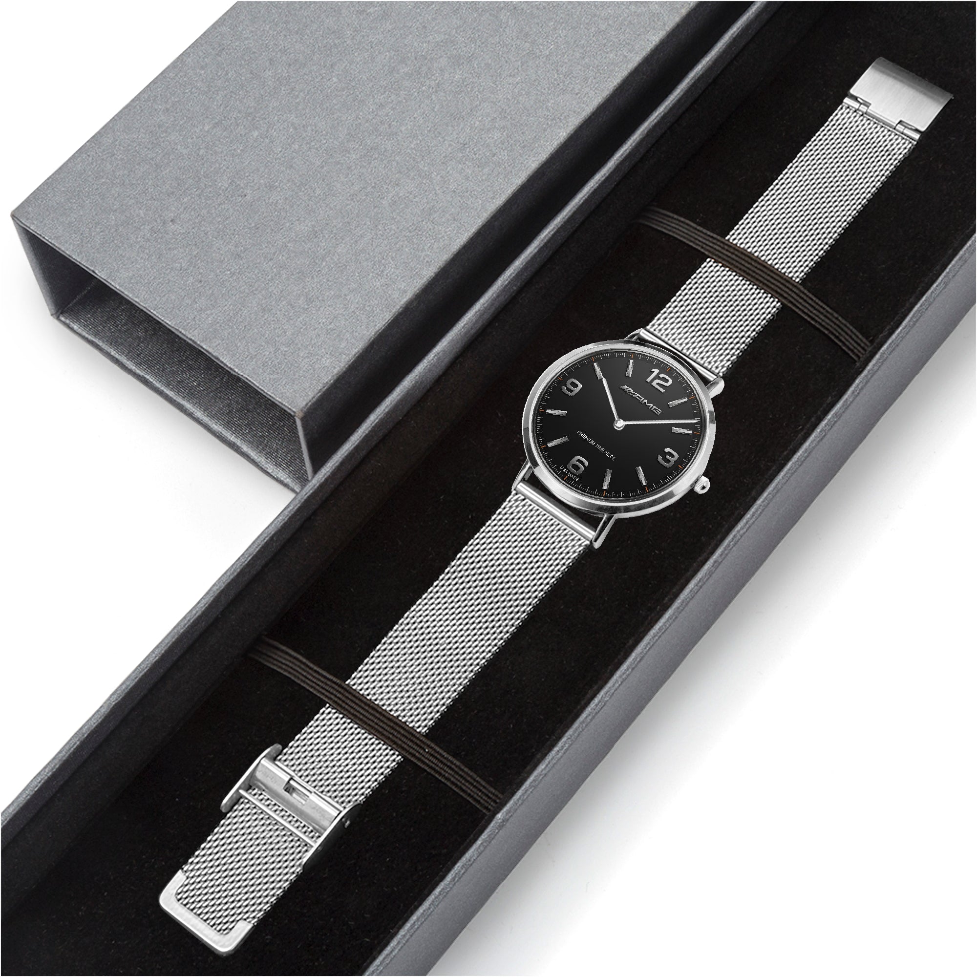 Silver watch with a colorful face in a gray box