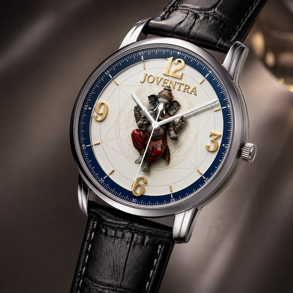 A Joventra wristwatch with a silver-toned case, black leather strap, and a detailed cream dial featuring a central elephant illustration, gold Arabic numerals, and a blue inner ring.