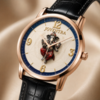 A luxury Joventra watch with a rose gold case, black leather strap, and a cream-colored dial featuring a central Ganesha figure and the Joventra brand name.