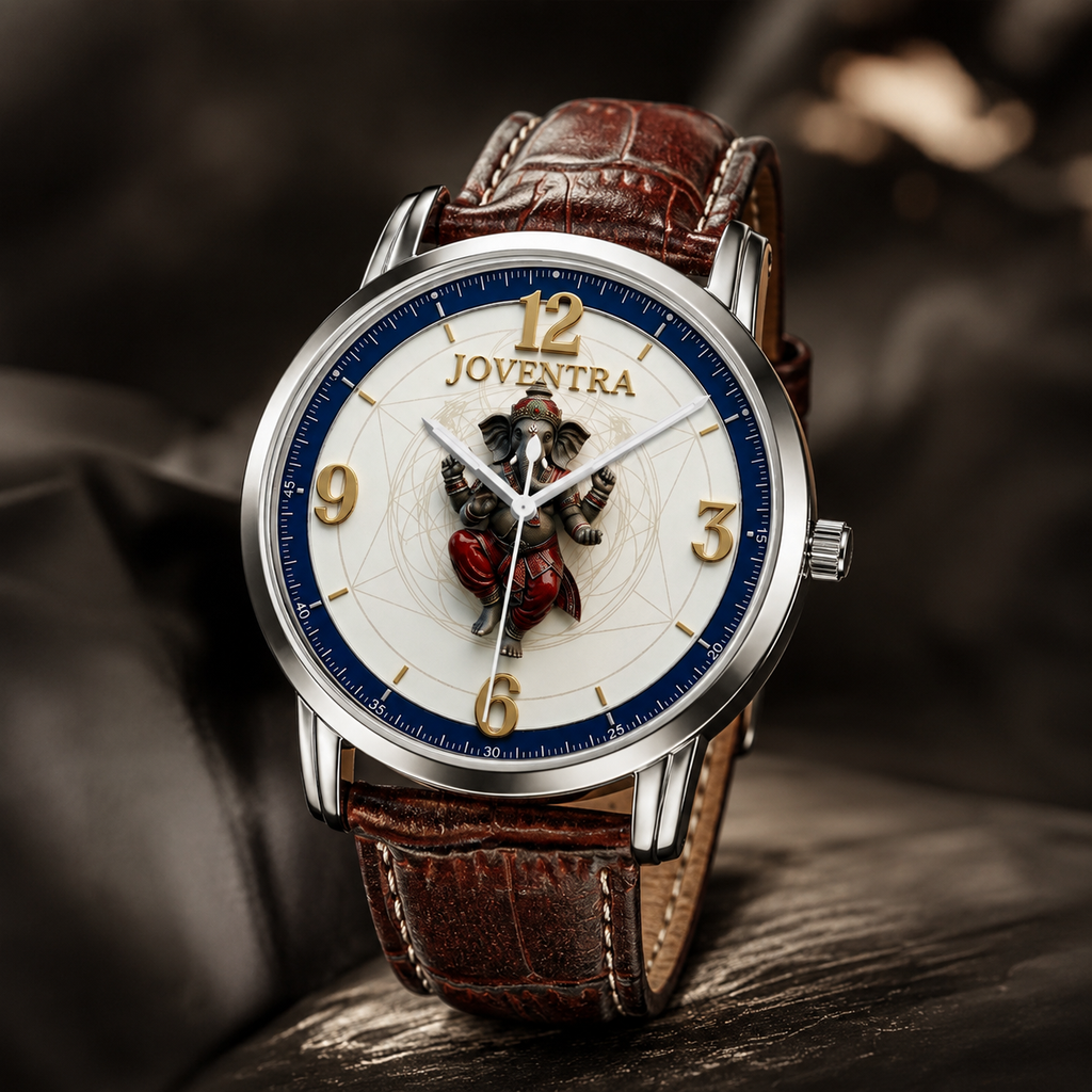A luxury wristwatch with a brown leather strap, a silver-toned case, and a white dial featuring a detailed samurai illustration and the brand name 'JOVENTRA'.
