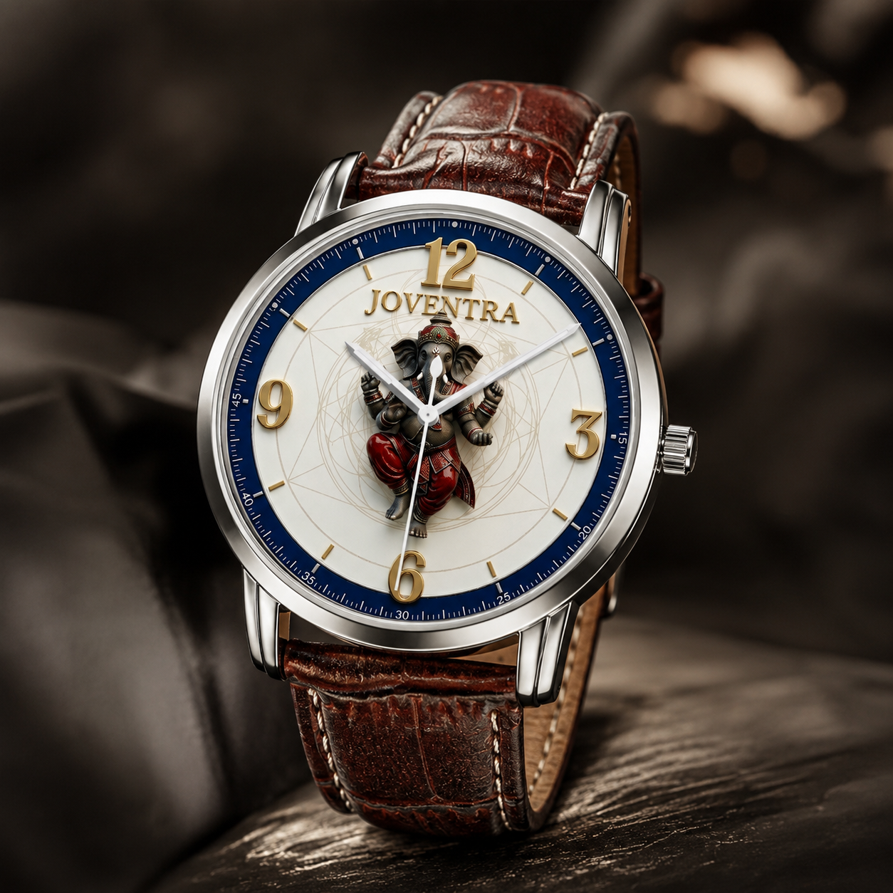 A luxury wristwatch with a brown leather strap, a silver-toned case, and a white dial featuring a detailed samurai illustration and the brand name 'JOVENTRA'.