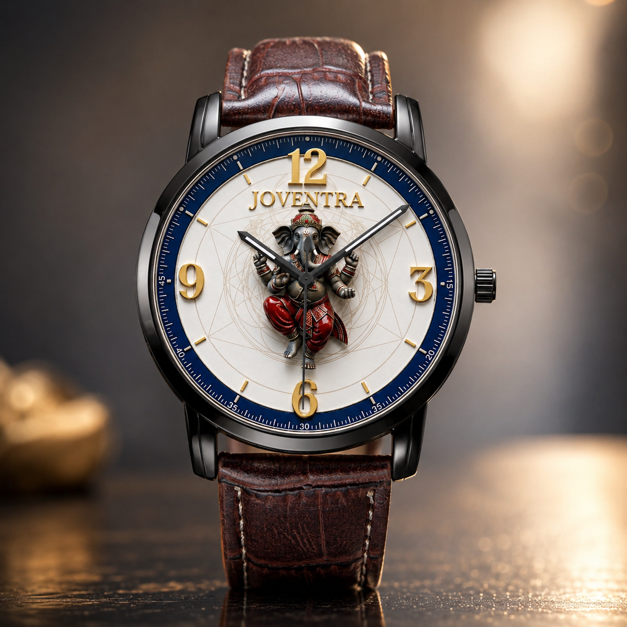 A luxury wristwatch with a dark brown leather strap, a black case, and a white dial featuring a detailed Ganesha illustration and gold Arabic numerals. The brand name 'JOVENTRA' is clearly visible on the dial.