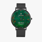 A Joventra wristwatch with a round black case, a black mesh strap, and a green dial featuring a marbled pattern with coppery orange flecks and the Joventra Bloodstone Timepiece branding.