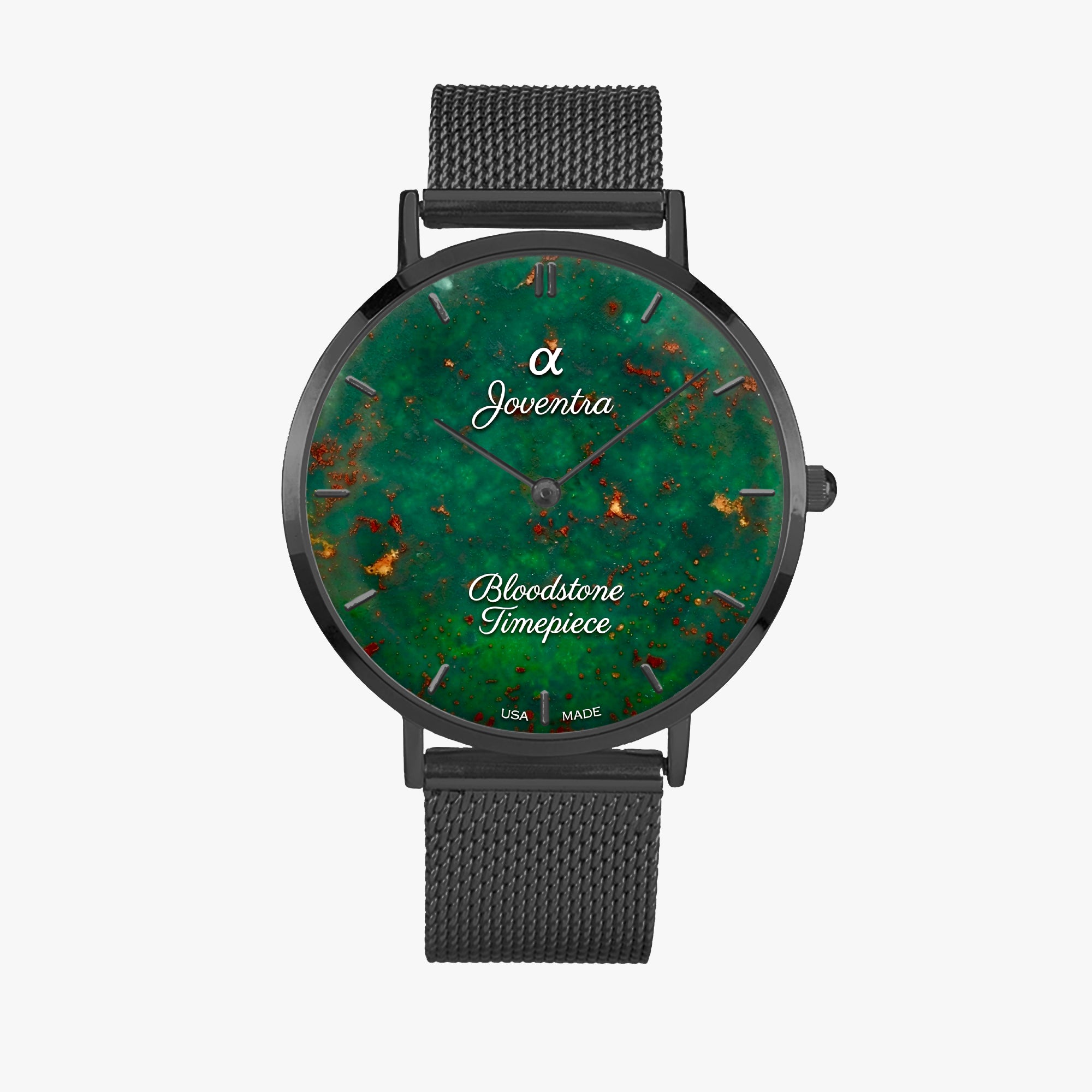 A Joventra brand wristwatch with a round black case, a black mesh strap, and a green dial featuring a marbled pattern with coppery orange flecks and white text reading 'Bloodstone Timpiece '.