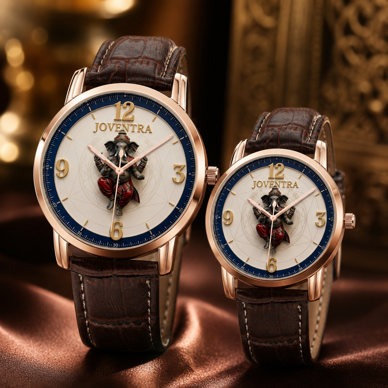 Two matching Joventra wristwatches with rose gold cases, brown leather straps, and white dial faces featuring a central knight motif, displayed on a draped brown satin surface with a warm blurred background.