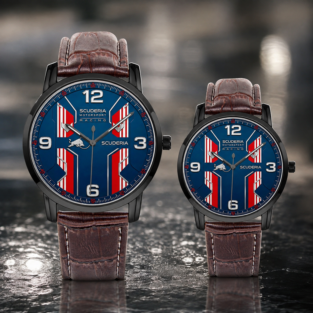Two Scuderia Ferrari sports watches with brown leather straps and blue dials featuring red and white striped wing-like graphics, displayed on a dark wet surface.