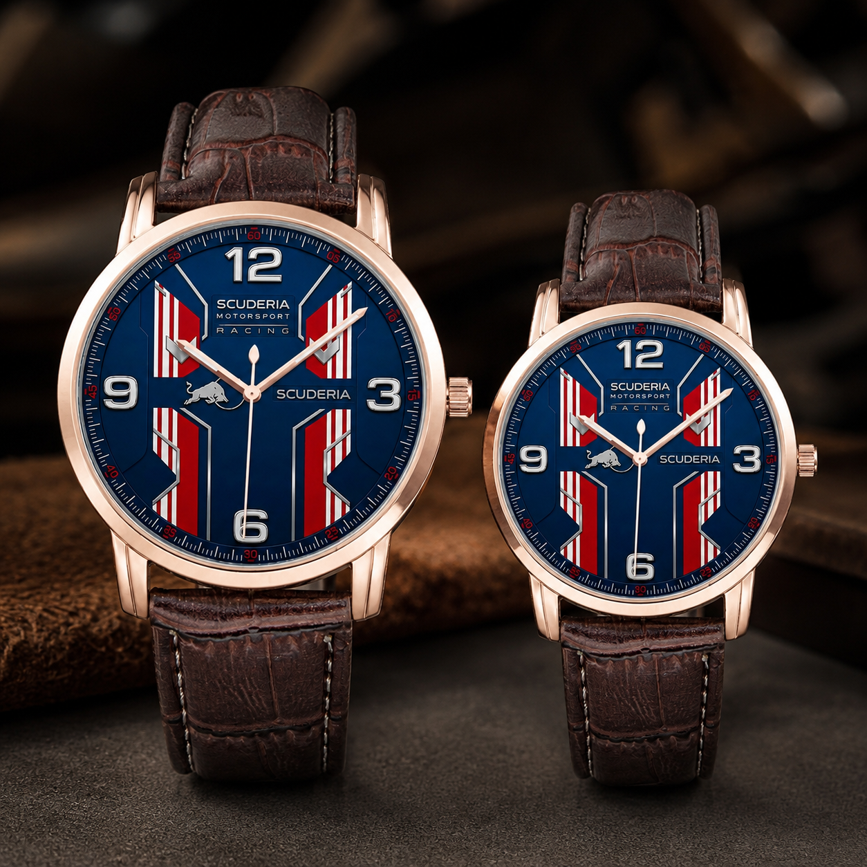 Two matching wristwatches with rose gold cases, dark brown leather straps, and blue dials featuring a red and white American flag-inspired geometric pattern. The larger watch on the left and the smaller watch on the right both display the brand name 'SCUDERIA' on the dial.