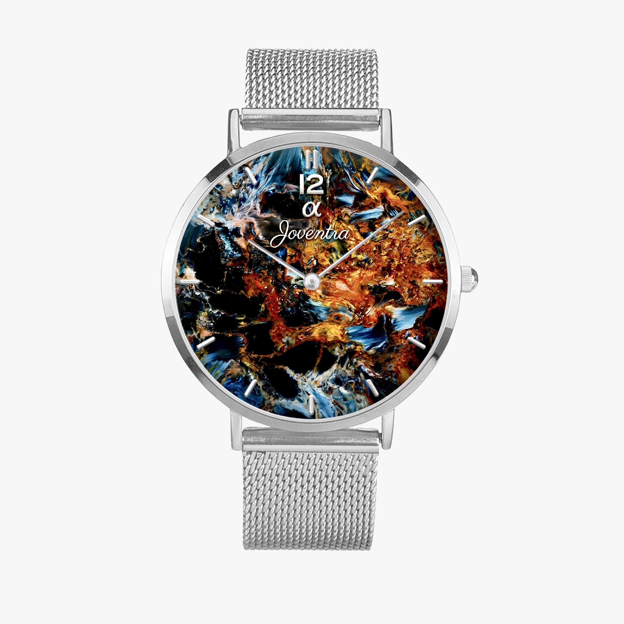 A silver-tone analog watch with a mesh strap and a round dial featuring a colorful abstract marbled pattern in blue, orange, black, and white. The brand name 'Joventia' is visible on the dial.