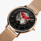 A close-up of a wristwatch with a rose gold mesh strap and round case, featuring a black dial with a dramatic red and black fantasy illustration of a wolf and moon.