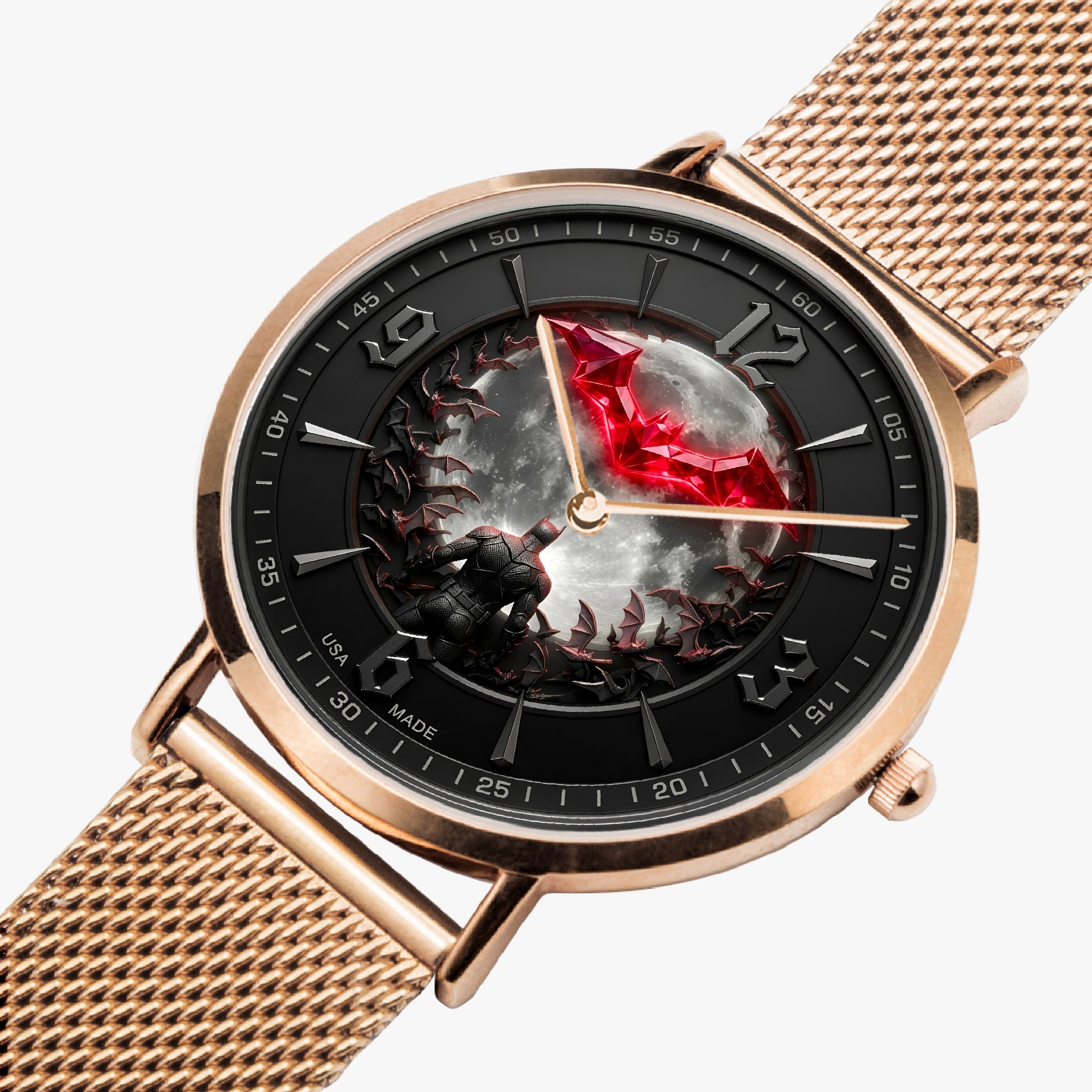 A close-up of a wristwatch with a rose gold mesh strap and round case, featuring a black dial with a dramatic red and black fantasy illustration of a wolf and moon.