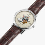 Retro cat and mouse cartoon themed wrist watch with a silver stainless steel case, cream-colored dial featuring cartoon characters, and a brown leather strap on a light gray background.