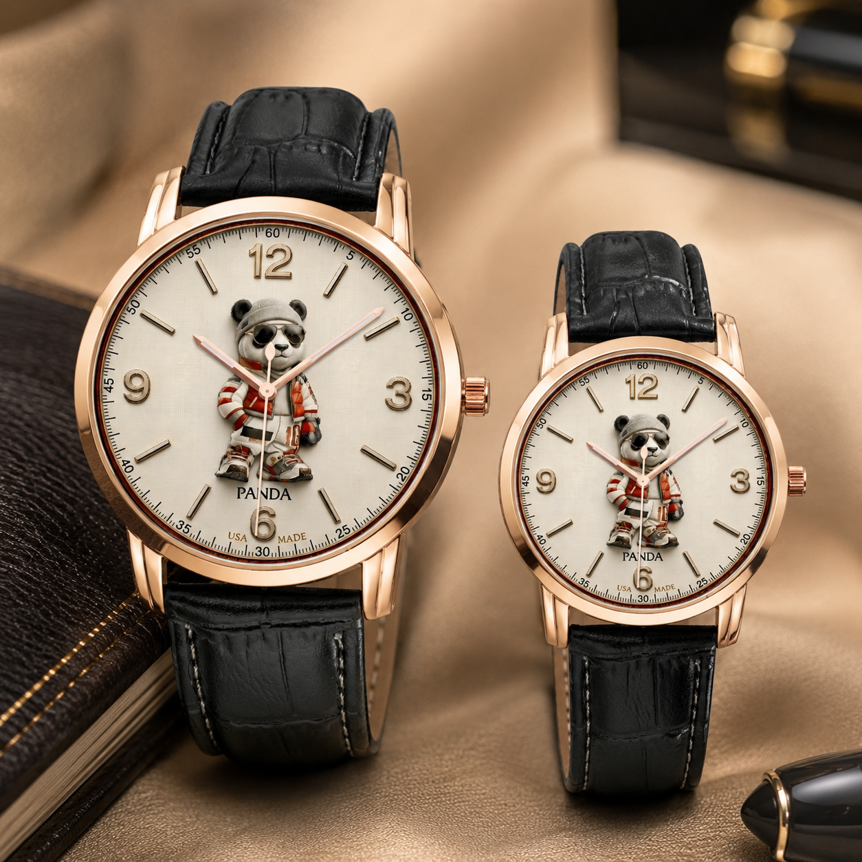 Two matching wristwatches with rose gold cases, black leather straps, and cream dials featuring a panda character, displayed on a beige fabric surface with a book and pen as props.
